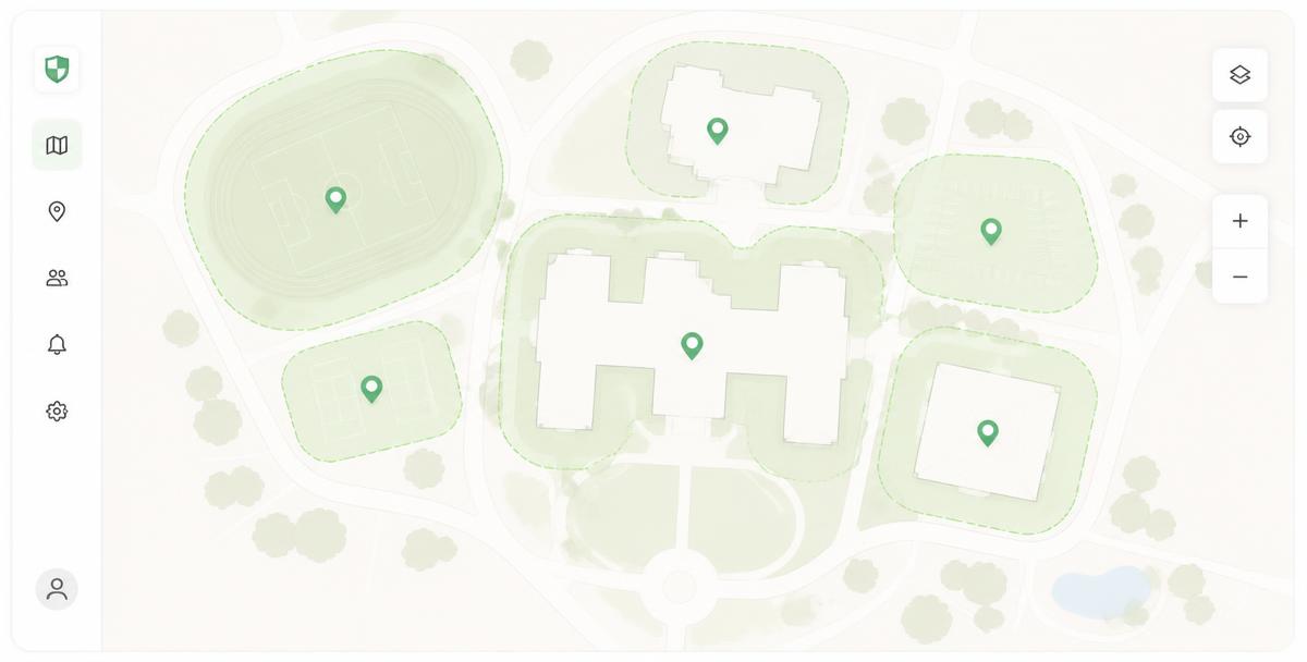 Campus Beacon dashboard showing campus geofence zones and live student location markers